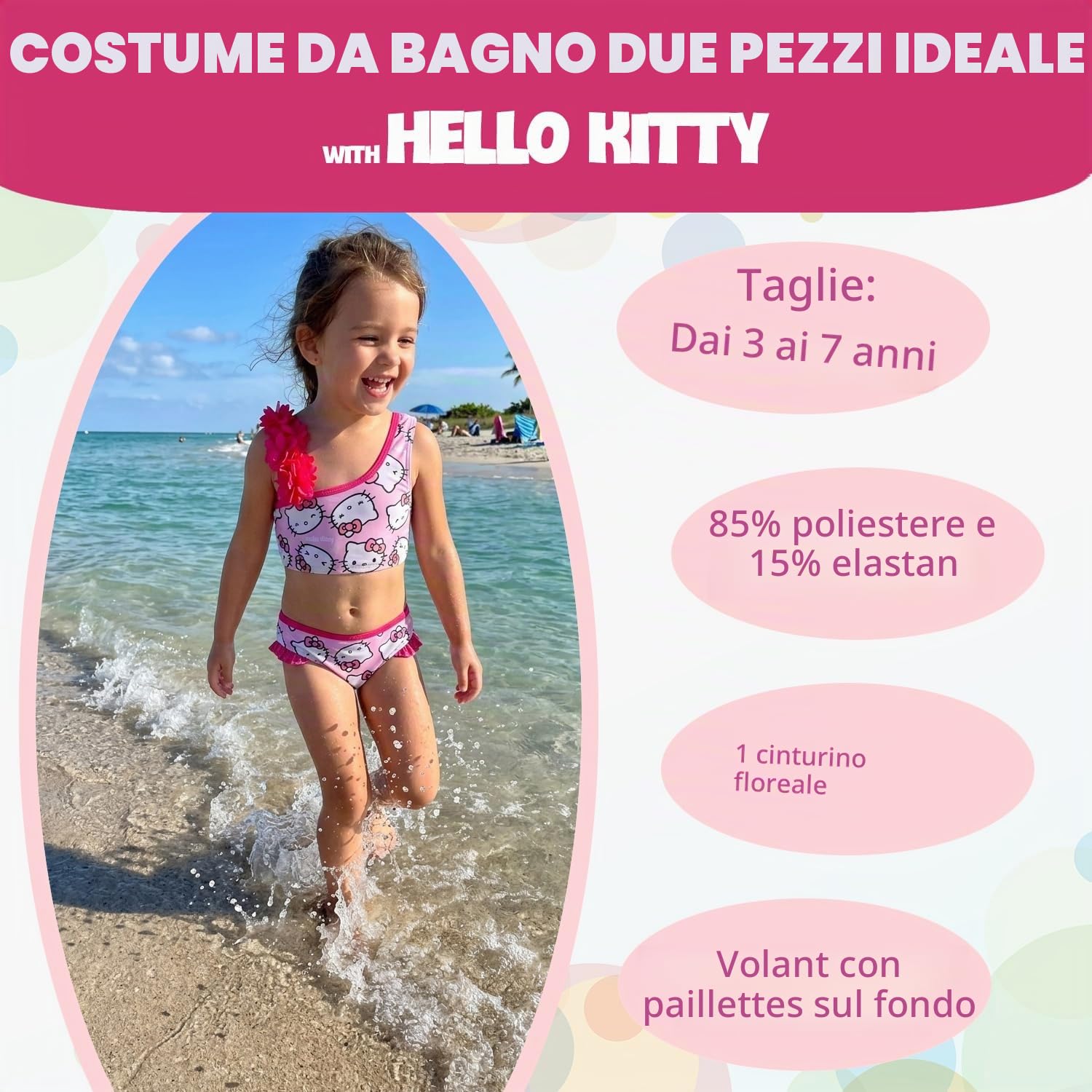 Hello Kitty – Costume da bagno 2 pezzi da ragazza | Bikini da bambino rosa con spalline floreali e volant glitterati | 85% poliestere, 15% elastan, taglie 3-7 anni | Sanrio Official