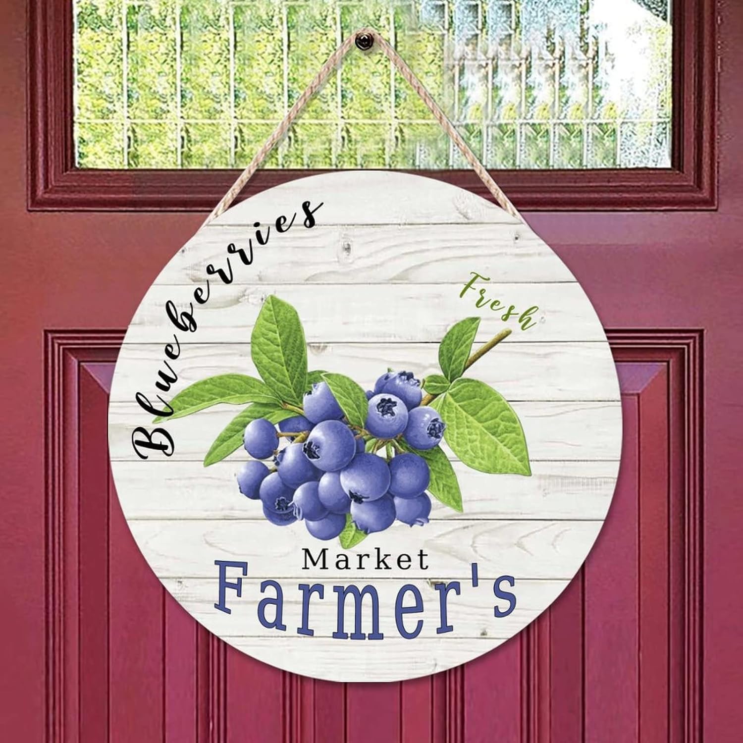 Fresh Round Door Hanger Sign, Vintage Fruit Blueberry Wood Door Sign, Rustic 16x16in Wall Door Hanging Sign for Front Door Entryway Porch Bar Pub Farewell Party Housewarming Gifts
