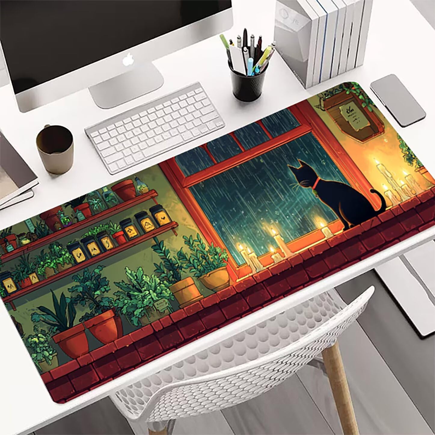 Lpfieonn Katze Großes Schreibtischunterlage, XXL Schreibtischunterlagen, Blau XXL Wasserdicht Gaming Mousepad mit Vernähter Rand und Rutschfeste Gummibasis, für Laptop/Hause/Büro 120x60cm PF-3661