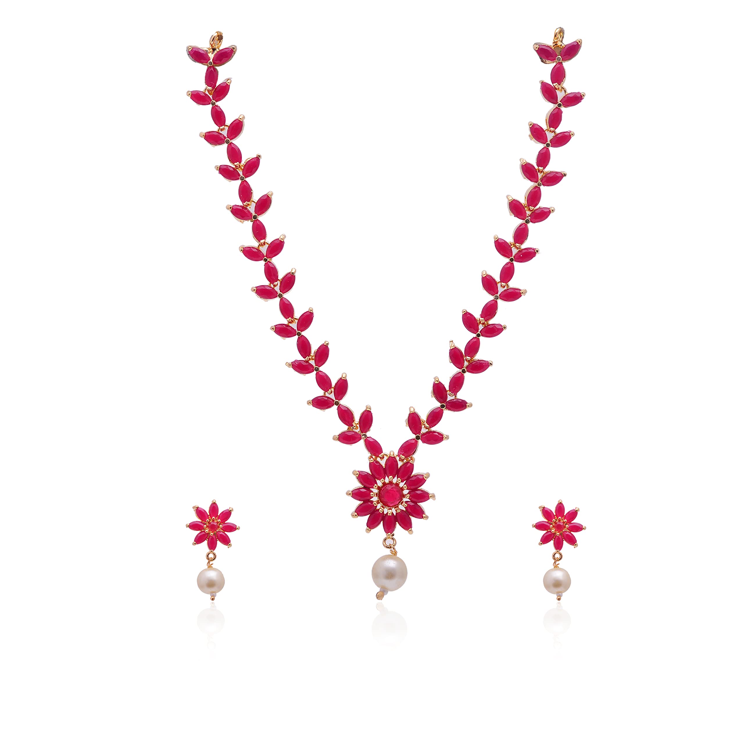 Eivri Gold Plated Wedding Jewellery Delicate Ruby Red Stone Floral with Pearl Drop Necklace Set With Earring for Women & Girls (Ruby Red) (B09SV8RDDH) Amazon Price History, Amazon Price Tracker