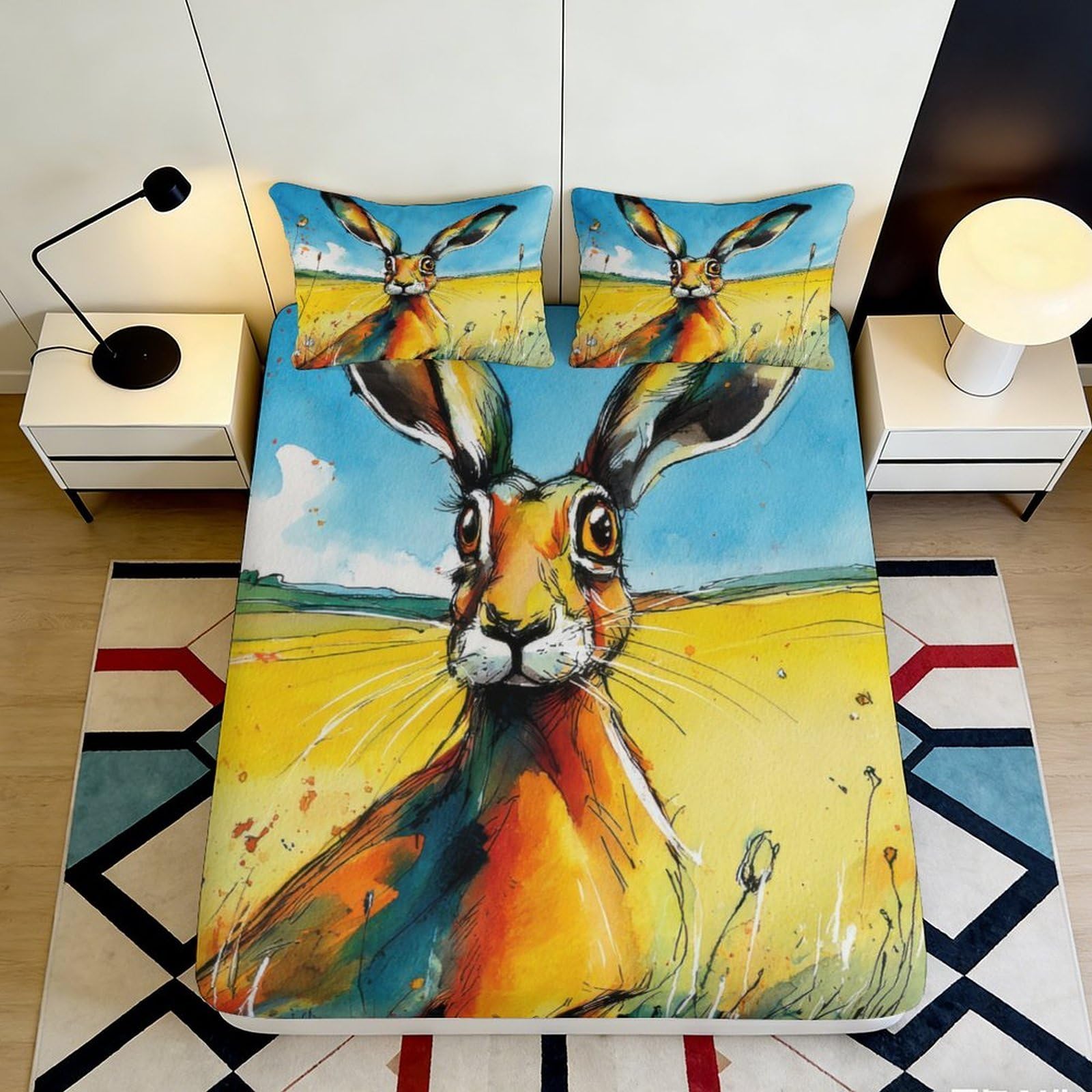 Jqzkxnhpbr Style-5 3D Printed Colourful Hare Fitted Sheet Microfiber Soft Decorative Rabbit Meadow Mattress Cover Bedroom Dorm 90X200x25cm