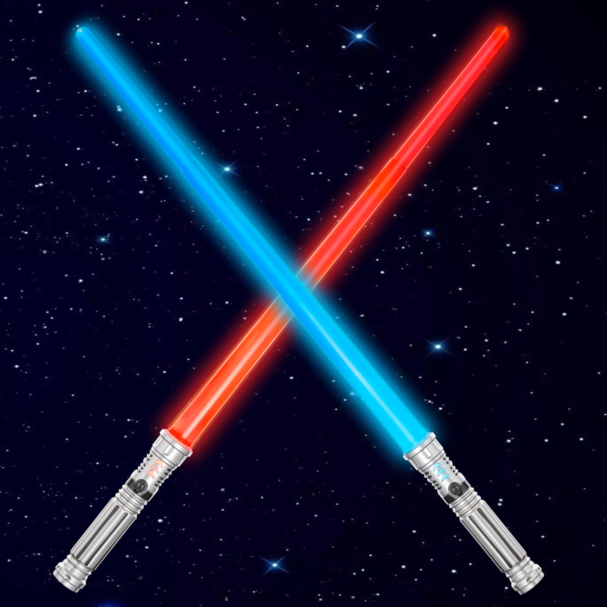 Paquete de 2 espadas iluminadas de 7 colores para niños, juego de espadas LED extensibles dobles con sonido FX (sensible al movimiento) y mango plateado para luchadores y guerreros, regalo de