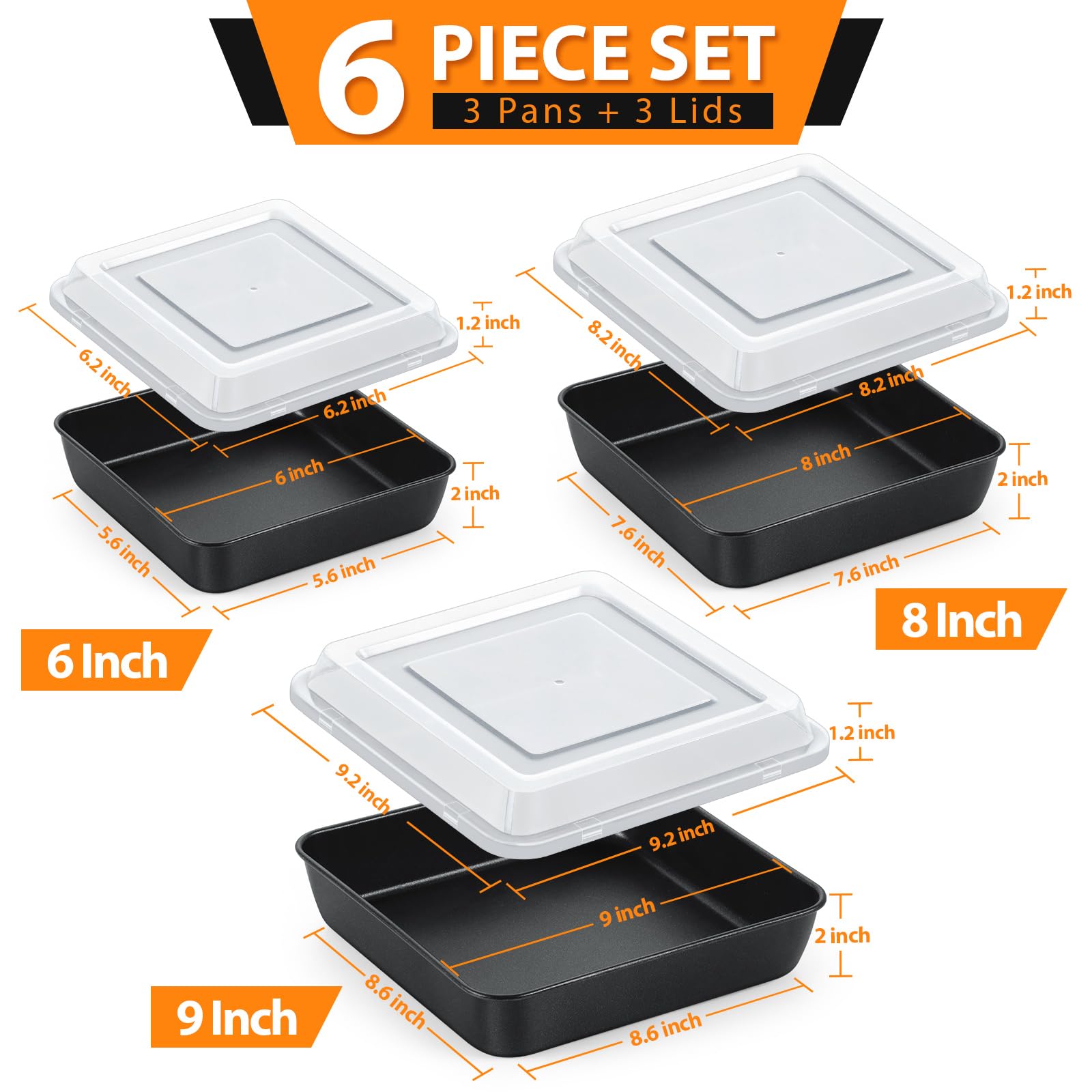 E-far Juego de 3 moldes cuadrados para hornear brownies de 6/8/9 pulgadas con tapa, núcleo de acero inoxidable y fácil de limpiar, 6 piezas (3 sartenes + 3 fundas)