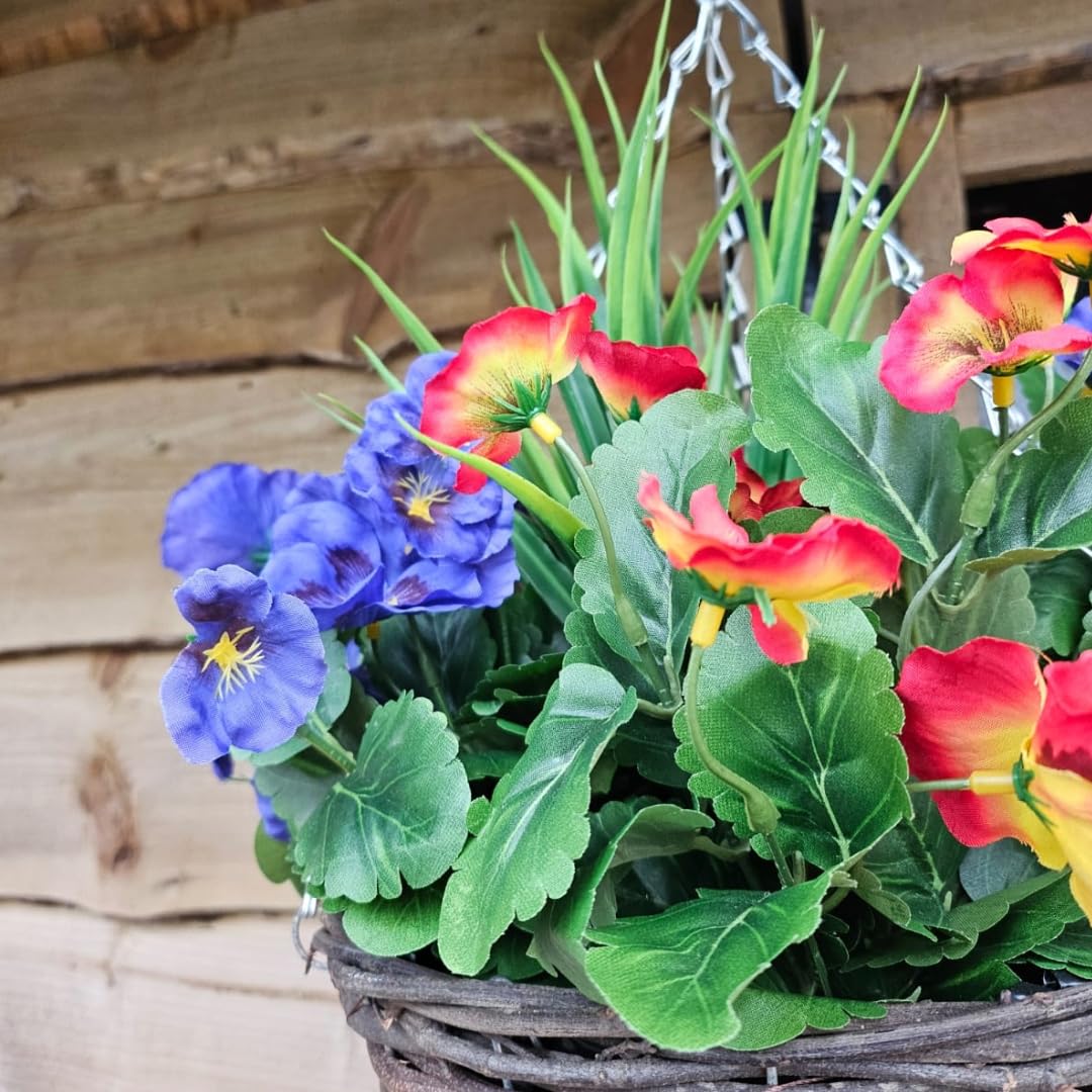 Best Artificial Flame Red & Lilac 10" Wicker Rattan Basket With 30Cm Pansy Flower Display - Suitable For Outdoor, Indoor And Garden (Multi Listing) (Flame Red & Lilac)