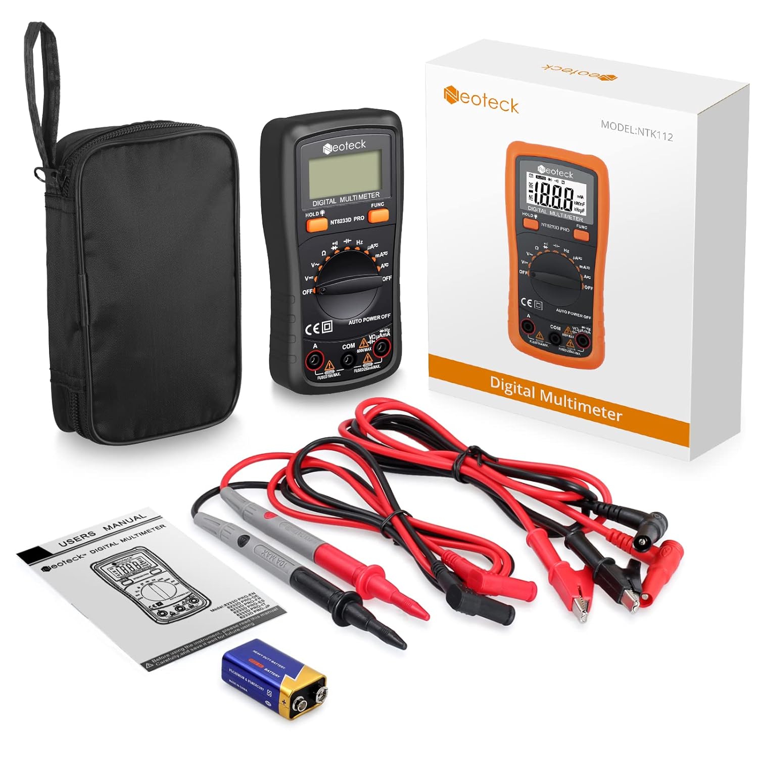 Neoteck Auto Ranging Digital Multimeter, AC/DC Amp Ohm Voltage Tester Meter with Resistance Continuity Capacitance and Diode Test- Black