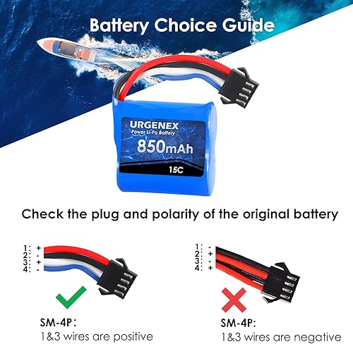 Miniatura 6 de URGENEX Lipo - Batería de 850 mAh 7.4 V (2 x 3.7 V) RC Boat Batería con enchufe SM-4P UDI001 RC Boats Baterías compatibles con RC Boat UDI008 con
