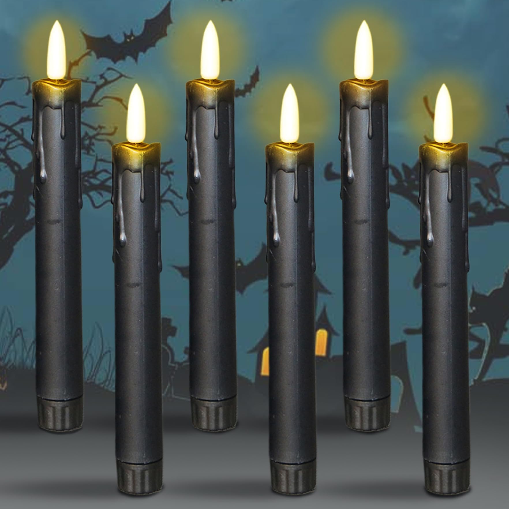 XJKLBYQ Black LED Candles, 6 Pack, Battery Operated, Realistic Flameless, Halloween & Versatile Decor