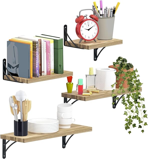 SKATCO Versatile Floating Shelves Set of 4 Multi-Length Wooden Shelves for Wall with Floating Shelf Brackets. Ladder Shelf, Long Bookshelf, Cat Wall Shelves, Floating Shelfs or Corner Shelf.