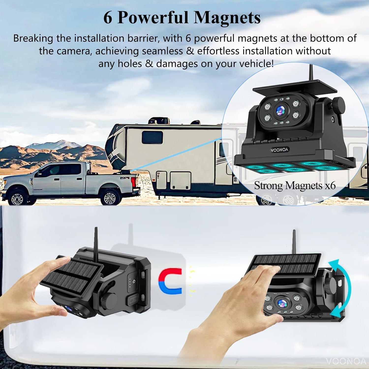 Magnetic Wireless Backup Camera, Add-on or Replacement Camera for VOONOA VN003 Only, 9600mAh Rechargeable Battery Solar Back up Camera for Car RV Truck Trailer