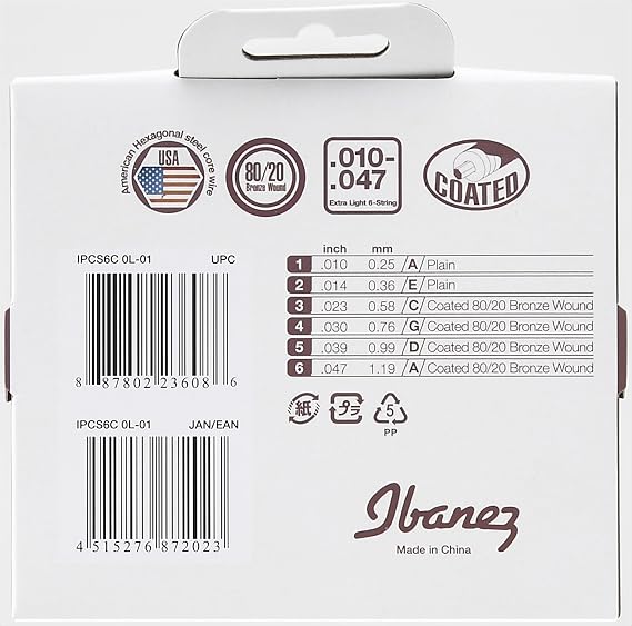 For IBANEZ 6-wire Piccolo extra light wire set (650 mm length, EWP) - 80/20 (IPCS6C) with .010/.014/.023/.030/.039/.047 coating