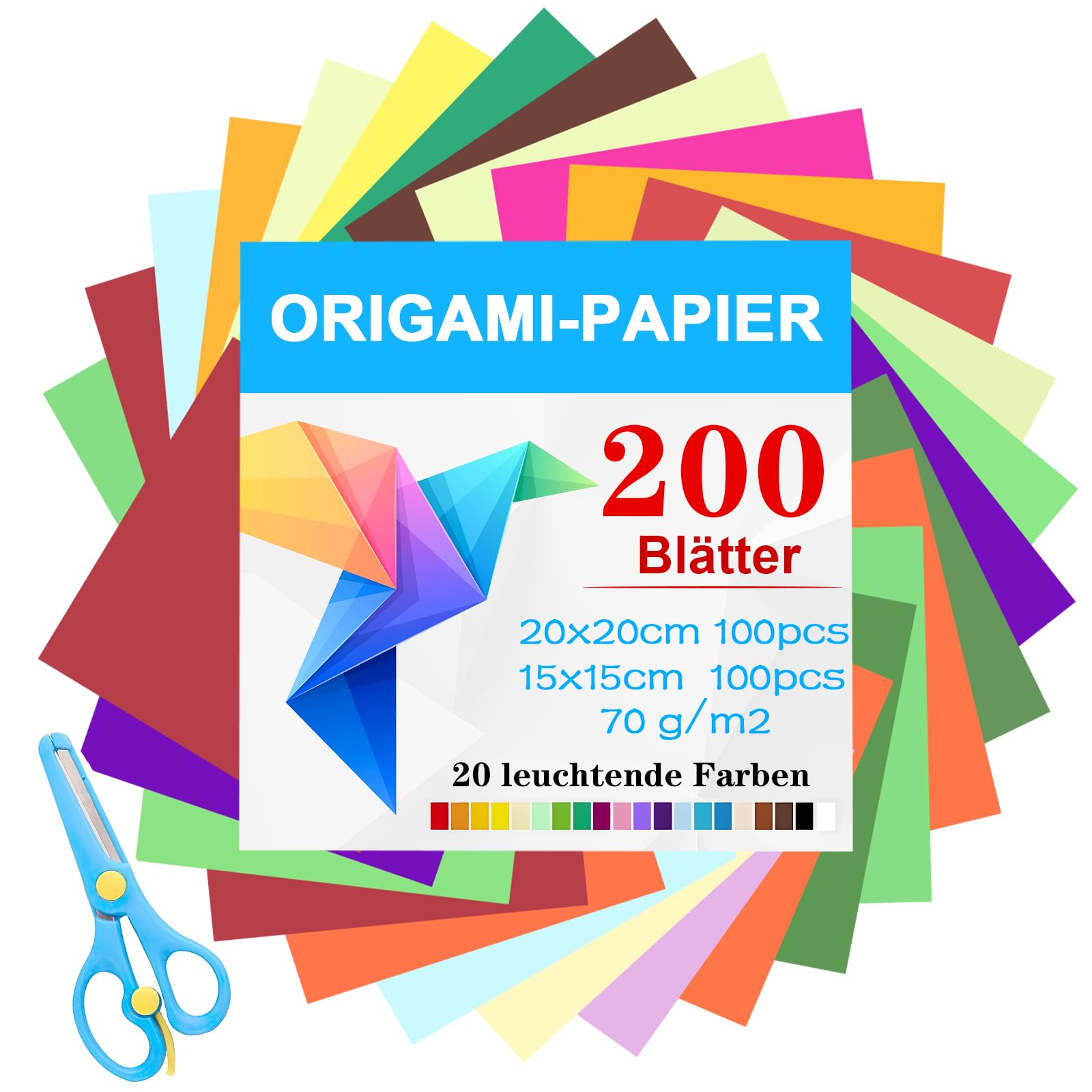 200 Feuilles Papier Origami 20x20 Cm - 10 Couleurs - Double Face 70g/m² - Pour Enfants Et Adultes, Bricolage Et Art Feuilles Origami Couleurs 20x20 Cm