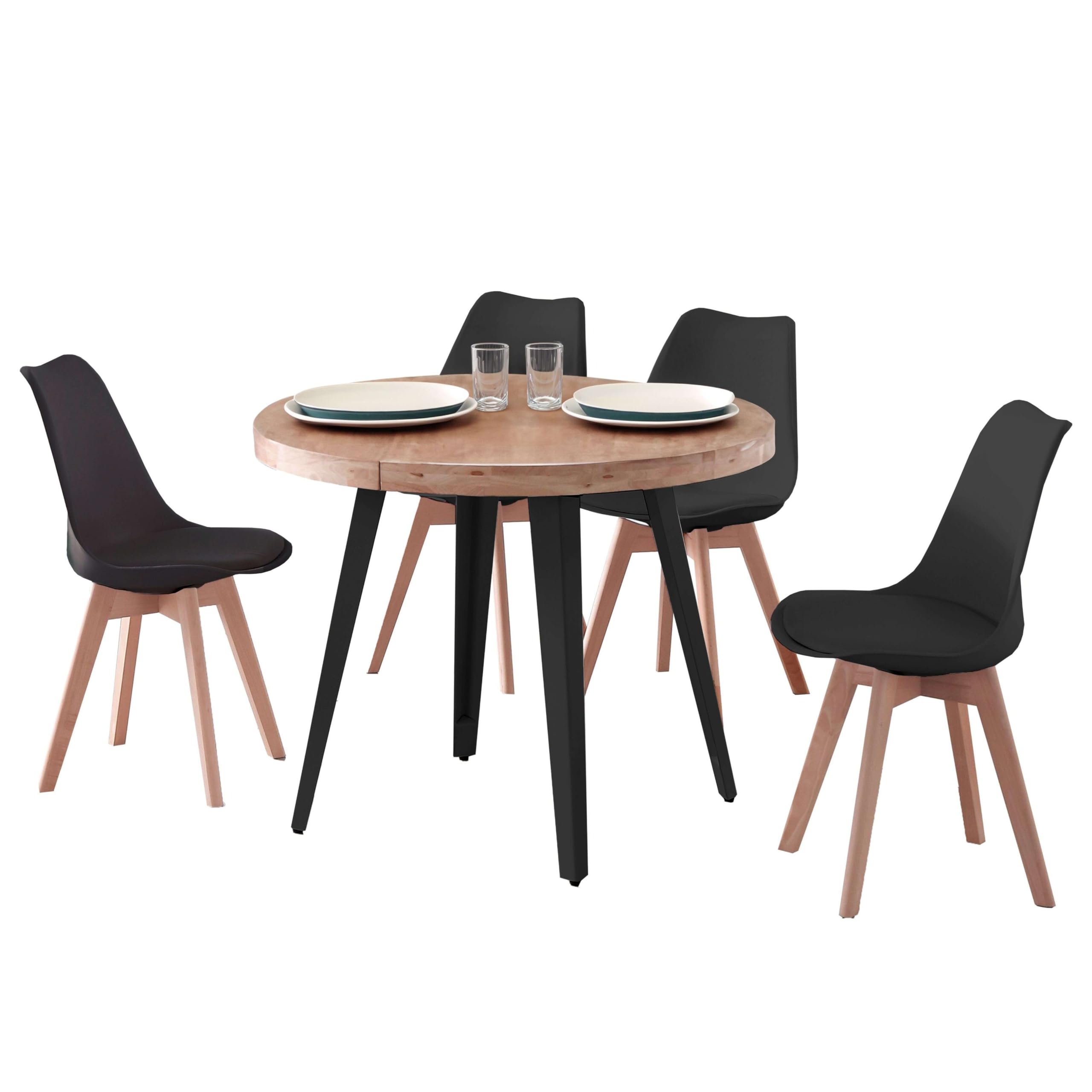 Conjunto de Mesa Extensible Redonda con 4 Sillas Estilo Industrial en Color Roble Nordish y Negro