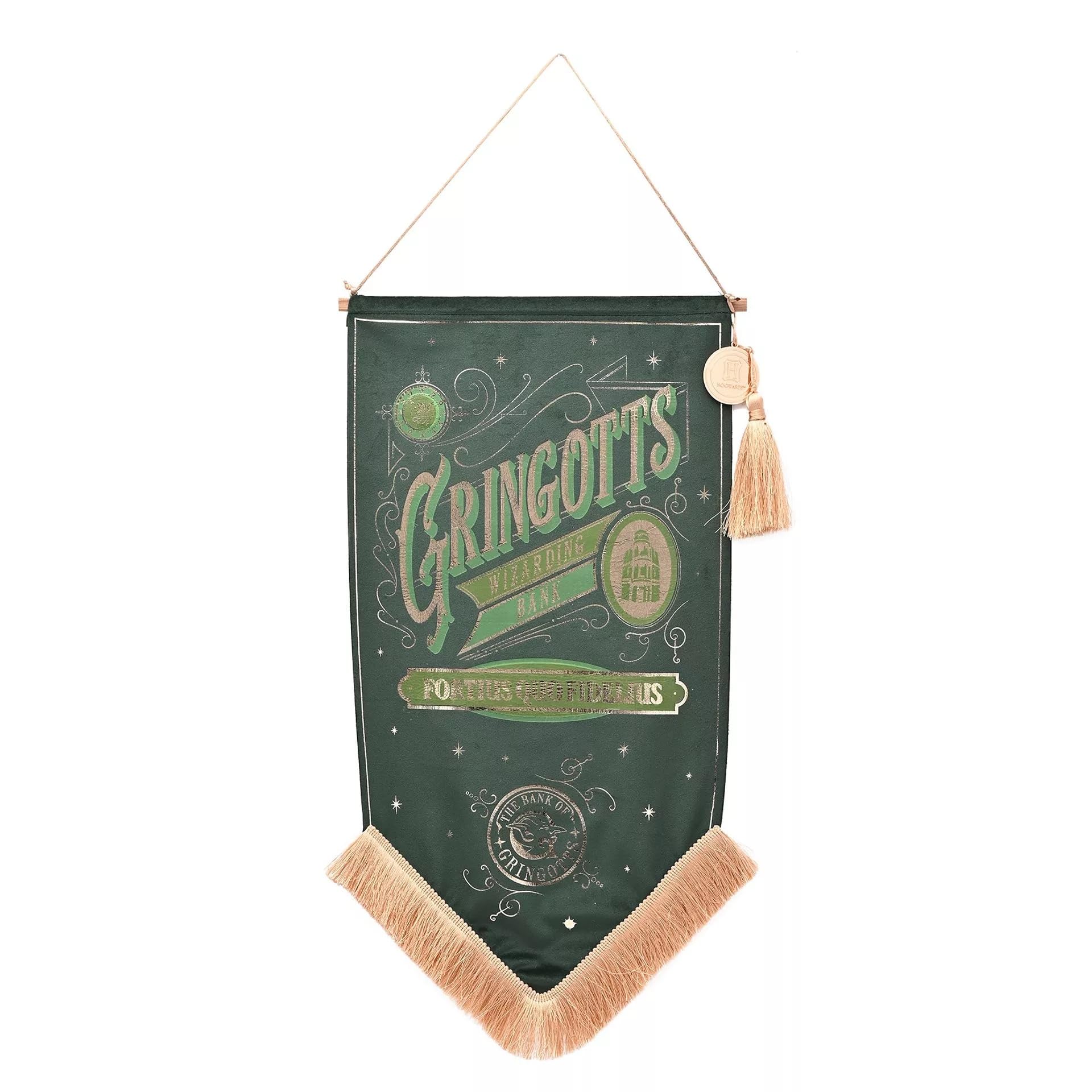 Warner Bros Harry Potter Alumni Banner, Gringotts, Decorative Wall Hanging with Tassel, Green with Fringe Detail