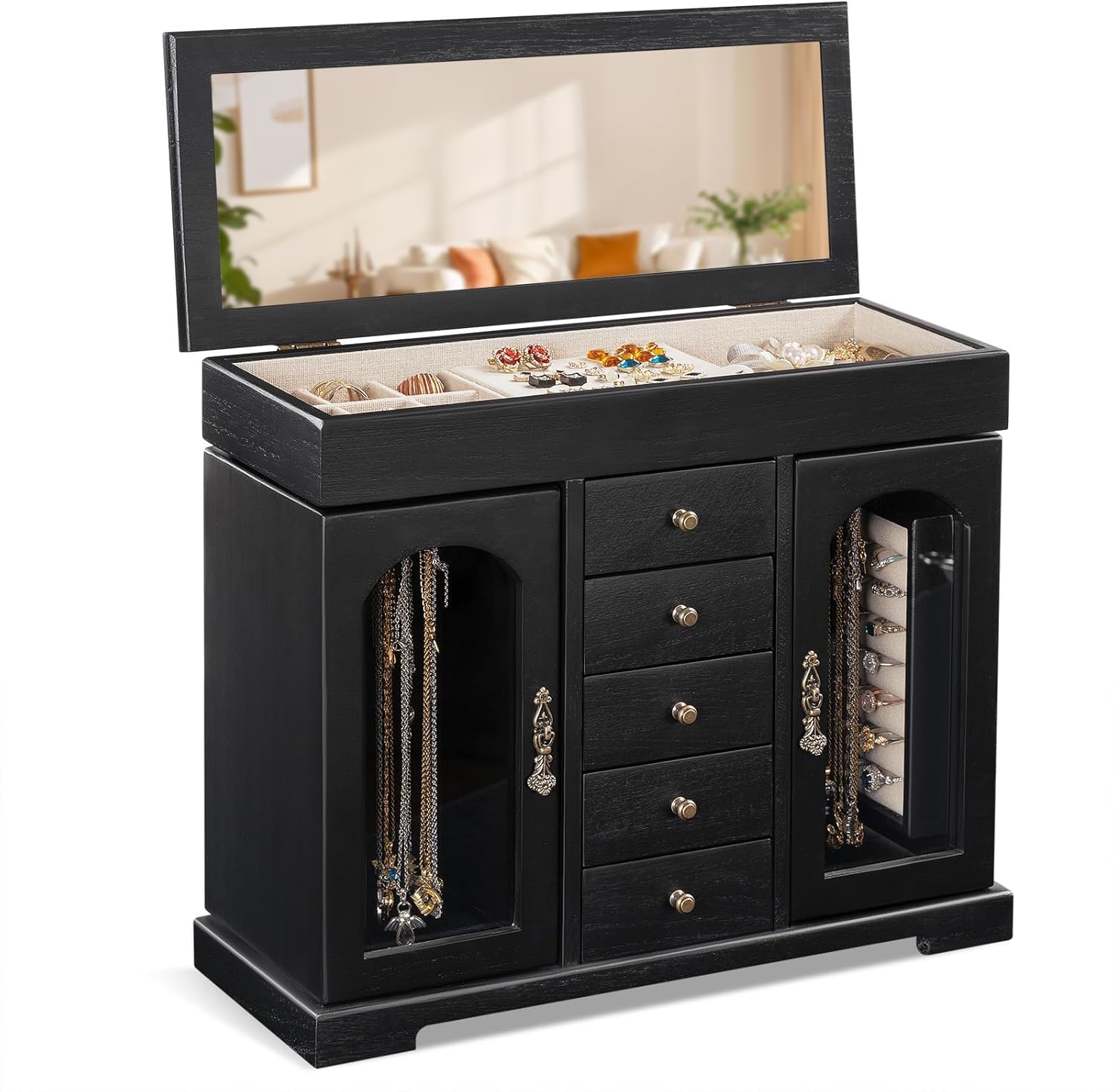 Joyeros Mujer Organizador, 6 Niveles Organizador Joyas Rústica con Espejo, Joyero Madera Grande para Collares, Pendientes, Anillos, Pulseras (Negro)