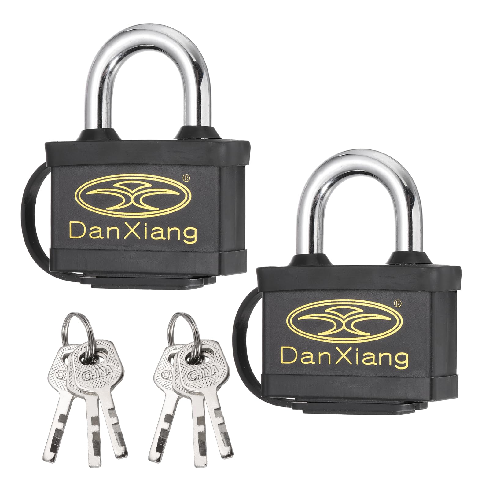 PATIKIL 2Pcs Weatherproof Padlocks, 91mm x 66mm x 28mm Wide Alloy Steel Outdoor Rustproof Locks Vinyl Wrapped Waterproof Pin Tumbler Padlock for Garages Trailers Chains, Black
