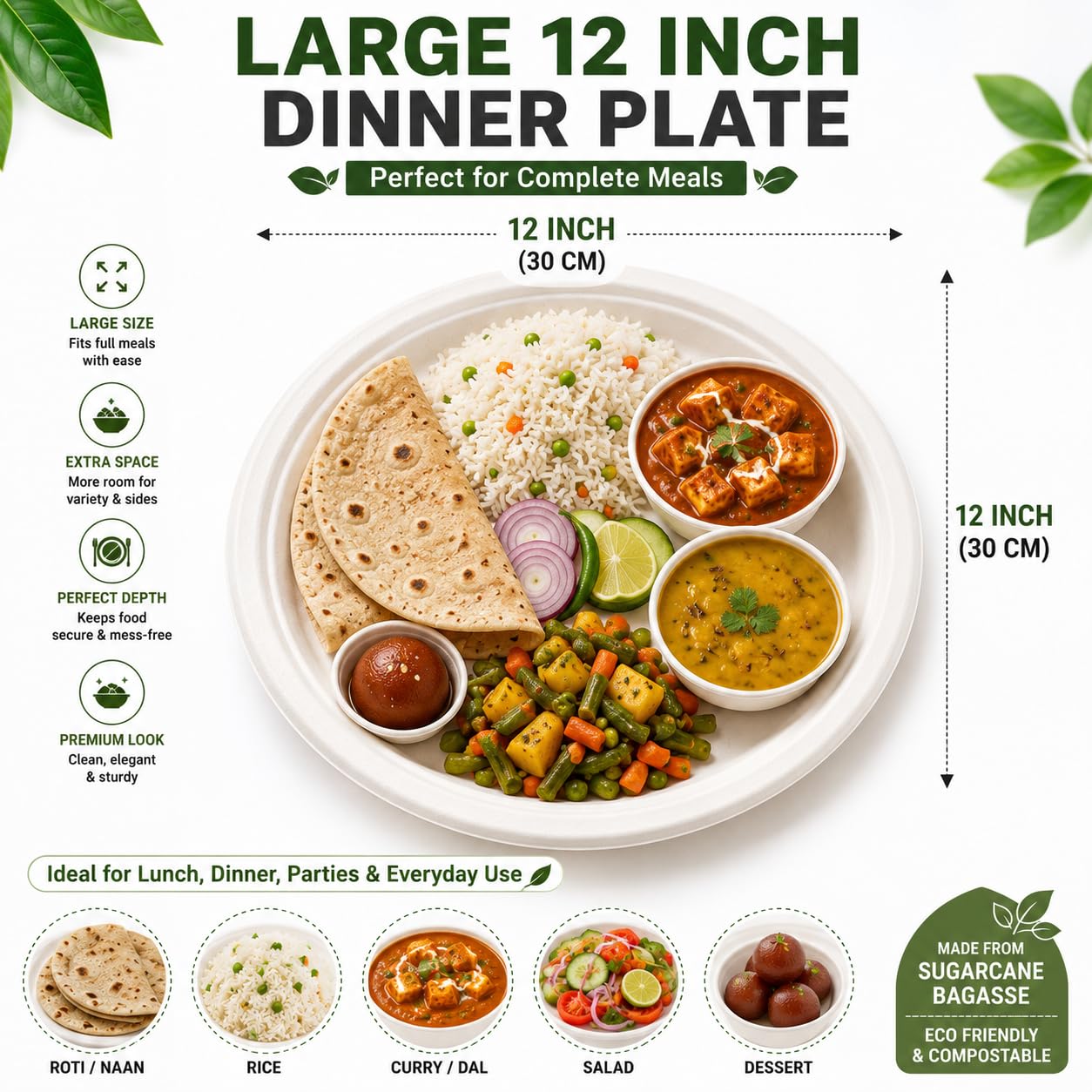Tia Crafts 12 Inch Disposable Plates Pack of 25, Biodegradable Sugarcane Bagasse Dinner Plates, Eco Friendly Heavy Duty White Paper Plates for Wedding, Party & Catering — Amazon image 6