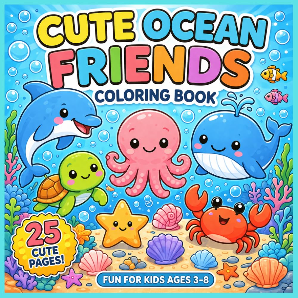 Cute Ocean Friends: Bold and Easy Coloring Book. Fun for Kids Ages 3–8, 25 Cute Pages.
