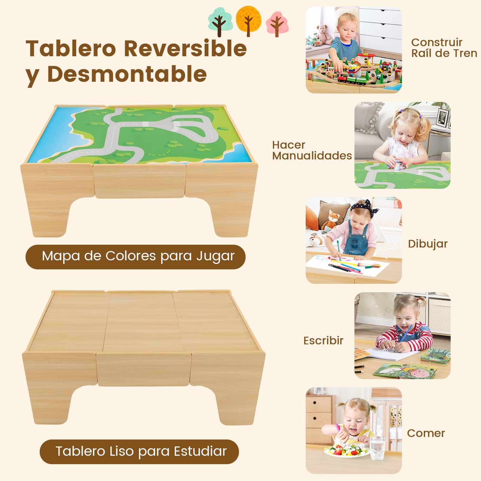 COSTWAY Mesa de Juegos de Tren de Madera, 84 Piezas, Cajón de Almacenamiento, Circuito de Tren de Madera Maciza para Niños y Niñas 3+ Años, 97 x 62,5 x 39,5 cm, Natural (84 Piezas)