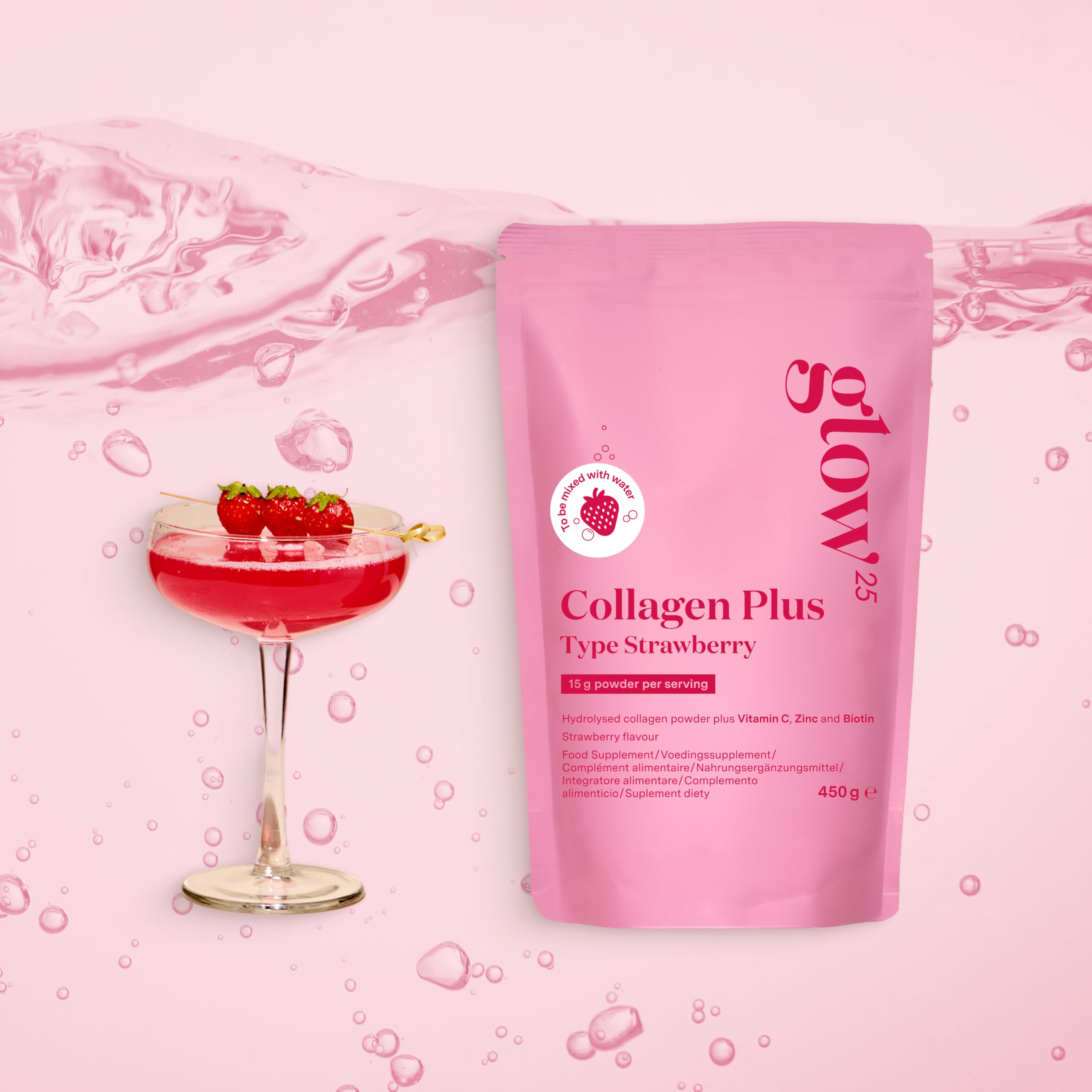 Glow25® Collagen Plus Type Strawberry [450g] – Hydrolizat kolagenu z witaminą C, cynkiem i biotyną – Peptydy typu 1 i 3 – Stworzony specjalnie do wody – O smaku truskawkowym