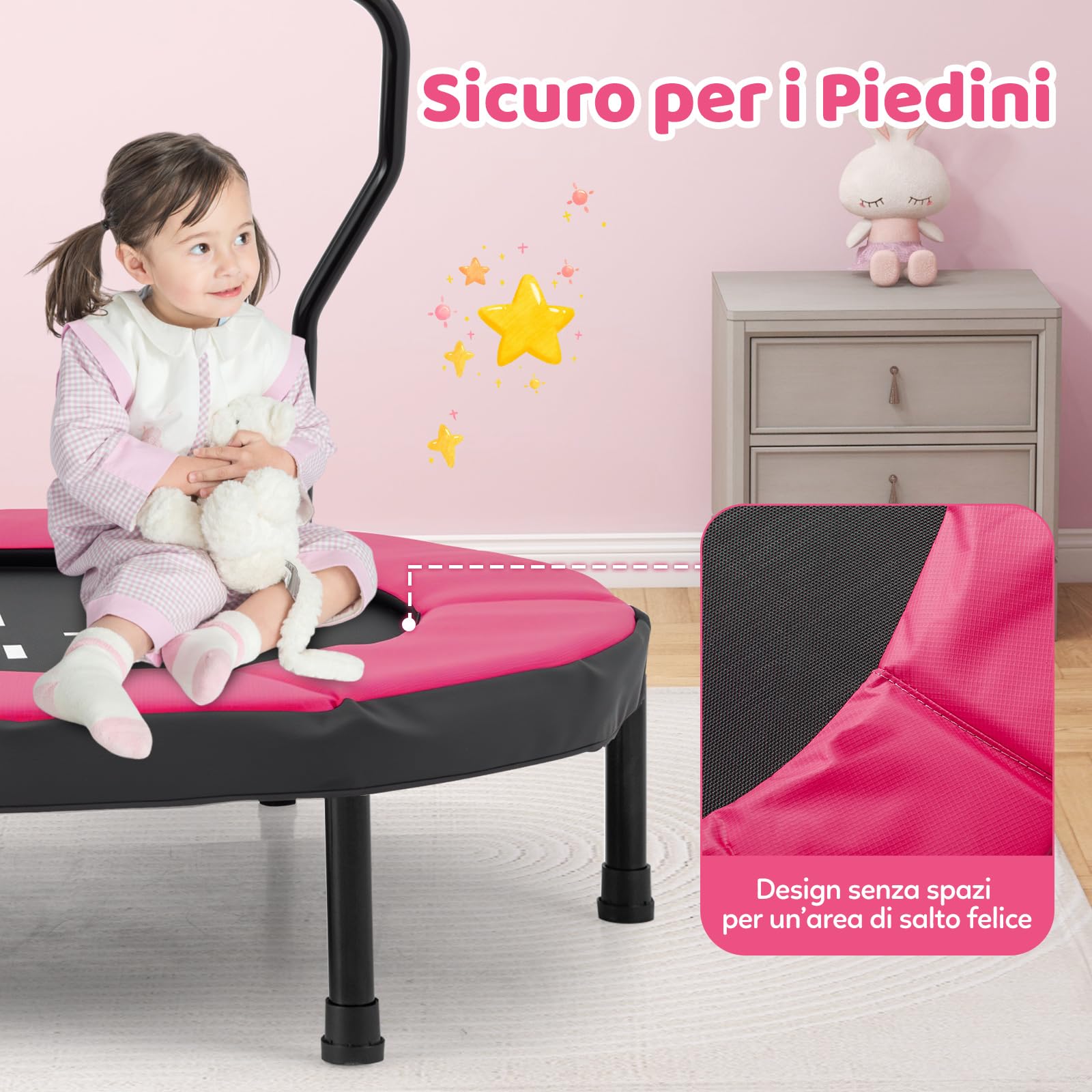 COSTWAY Trampolino Elastico per Bambini, Tappeto Elastico da Interno ed Esterno con Manubrio in Schiuma e Cuscino di Sicurezza, Ideale per Bambini 3-6 Anni, Portata 100 kg