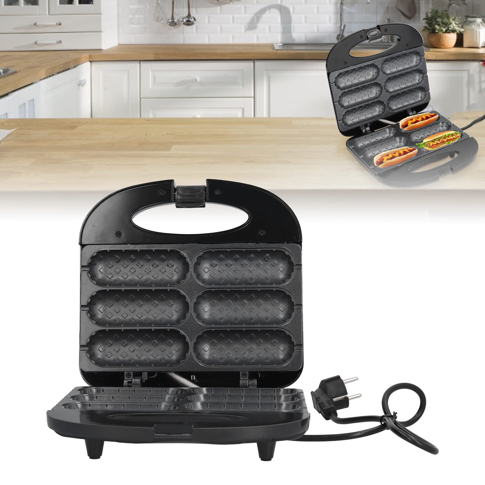Waffeleisen mit Stabform, Mini Doppelseitiger Corn Dog Waffeleisen, 6 Corn Dog Waffle Maker 750W Schnellheizung mit Antihaftbeschichtung Hot Dog Maker für Zuhause Party