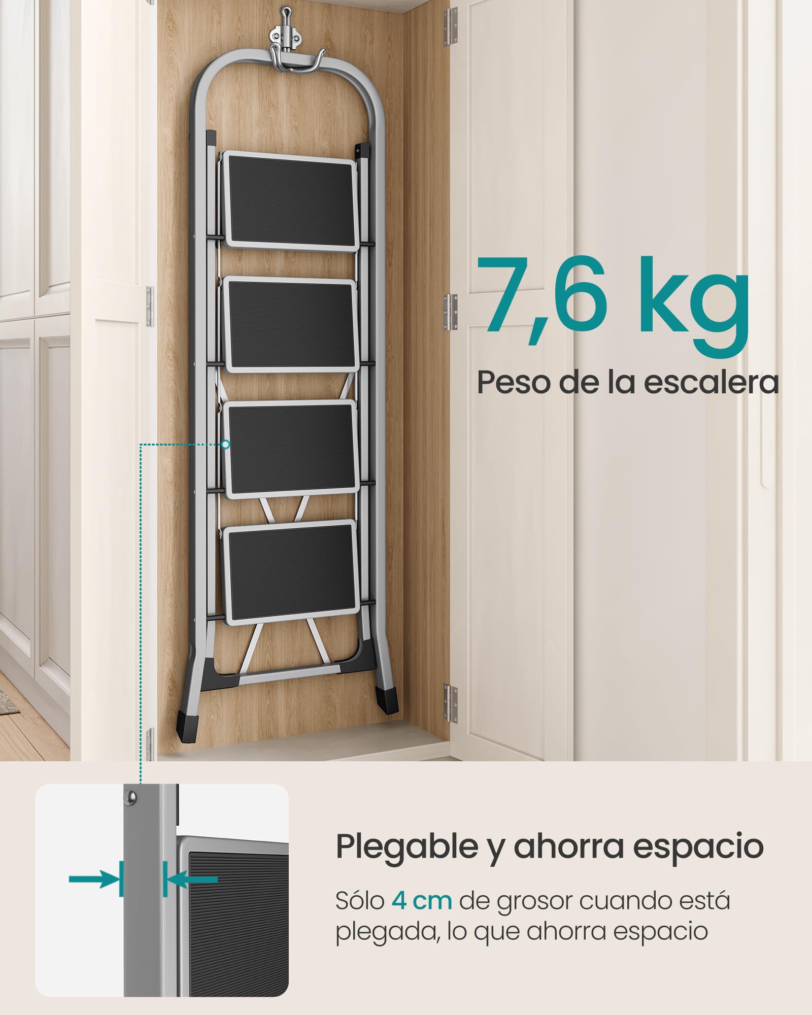 SONGMICS Escalera de Tijera, Escalera con 4 Peldaños, Peldaño Plegable, Bloqueo de Seguridad, Fácil de Guardar, Carga hasta 150 kg, Gris Paloma GSL004G01 — view 3