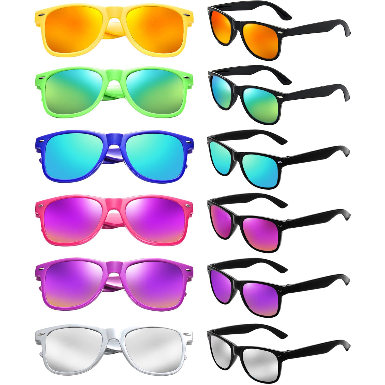 12/24 Pack Wholesale Colorful Mirror Reflective Sunglasses Bulk, Neon 80s 90s Sunglasses Party Favors Unisex