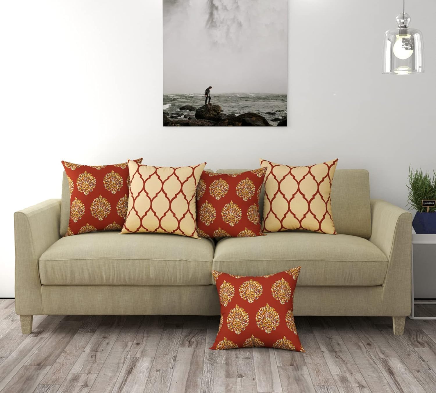 Trance Home Linen 200TC Premium 100% Cotton 16x16 inch Cushion Covers Only for Sofa and Diwan | Throw Pillow/Small Cushion Pillow Covers Only (16x16 inch | 40x40cm, Damask & Dori Clay Red)-Set of 5