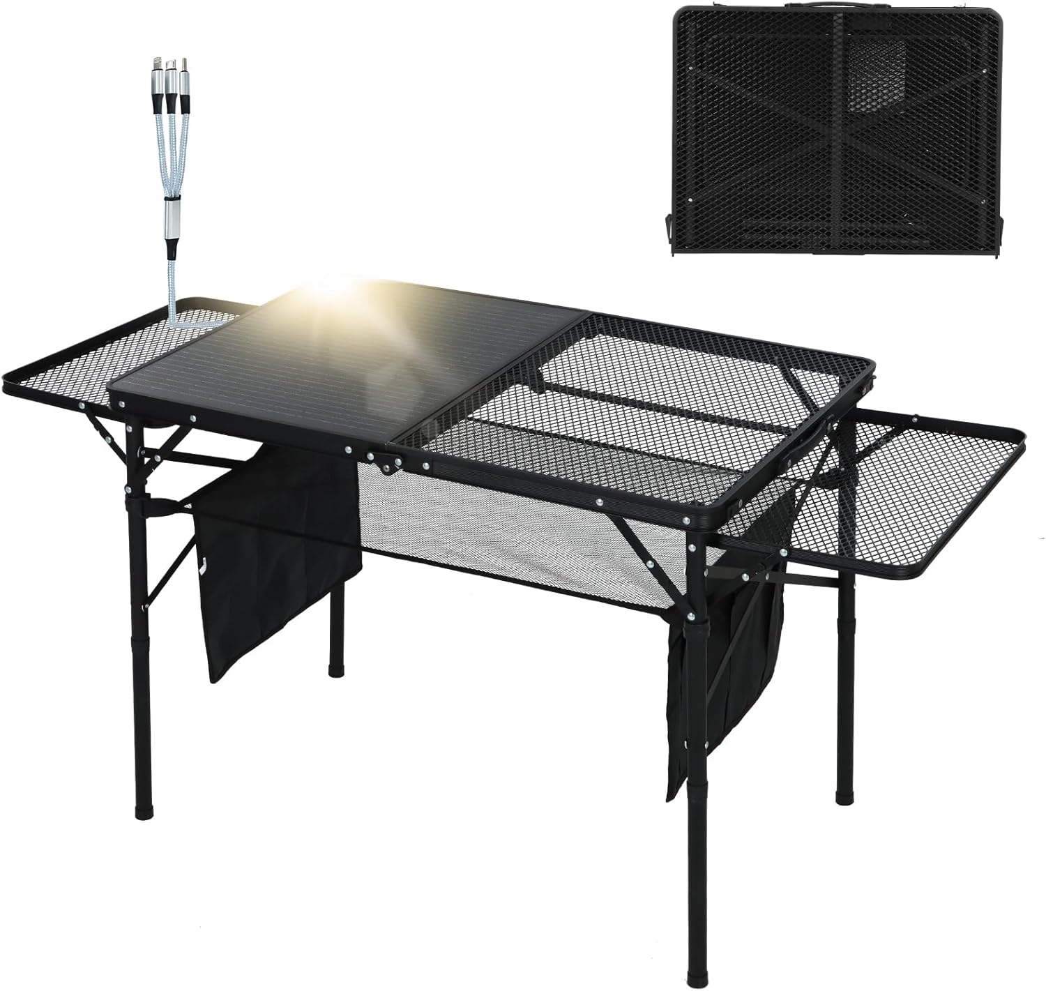 CDEN Camping Table, Grill Table, Folding Outdoor Table with Charging Station, Solar Panel, USB Type-C DC outlets, for Phone provided, 42W Output, 2 Side Shelves, mesh net, Cup Holder Modern