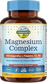 Terranics Magnesium Complex Supplement with Glycinate, Citrate, Taurate & Malate | Supports Nerve & Mood Health | Includes Ashwagandha, L-Theanine, Vitamin D3 & B6 | 120 Capsules | Non-GMO