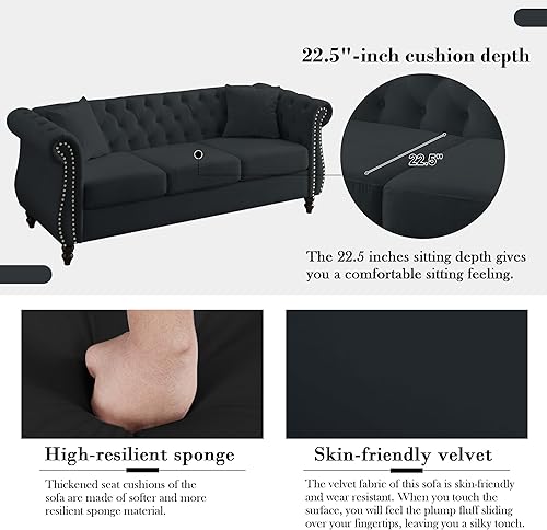 Miniatura 7 de Sofá para sala de estar, juego de 2 sofás de terciopelo Chesterfield de 80 pulgadas, 3 plazas y 59 pulgadas, moderno sofá de mediados de siglo con 4
