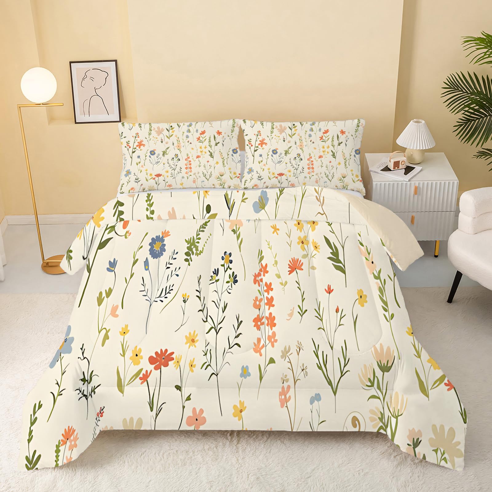 dyausi Floral Duvet, Coverless Duvet Single Duvet 7.5 Tog, Reversible Leaves Plants Comeforter Set for All Season, Lightweight Machine Washable Single Quilt 135x200, Yellow