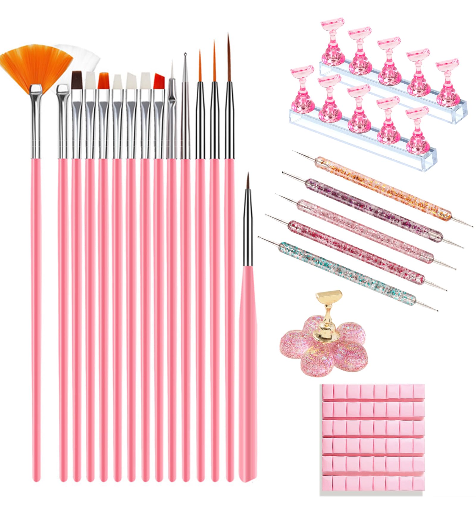 Nail Design Tools, Nail Art Tools, Nail Art Brush, Nail Stand for Press On Nails,Dual Tipped Nail Dotting Tool and Sculpture Pen, Nail Tools for Home DIY Beginner Salon Supplies Large 24