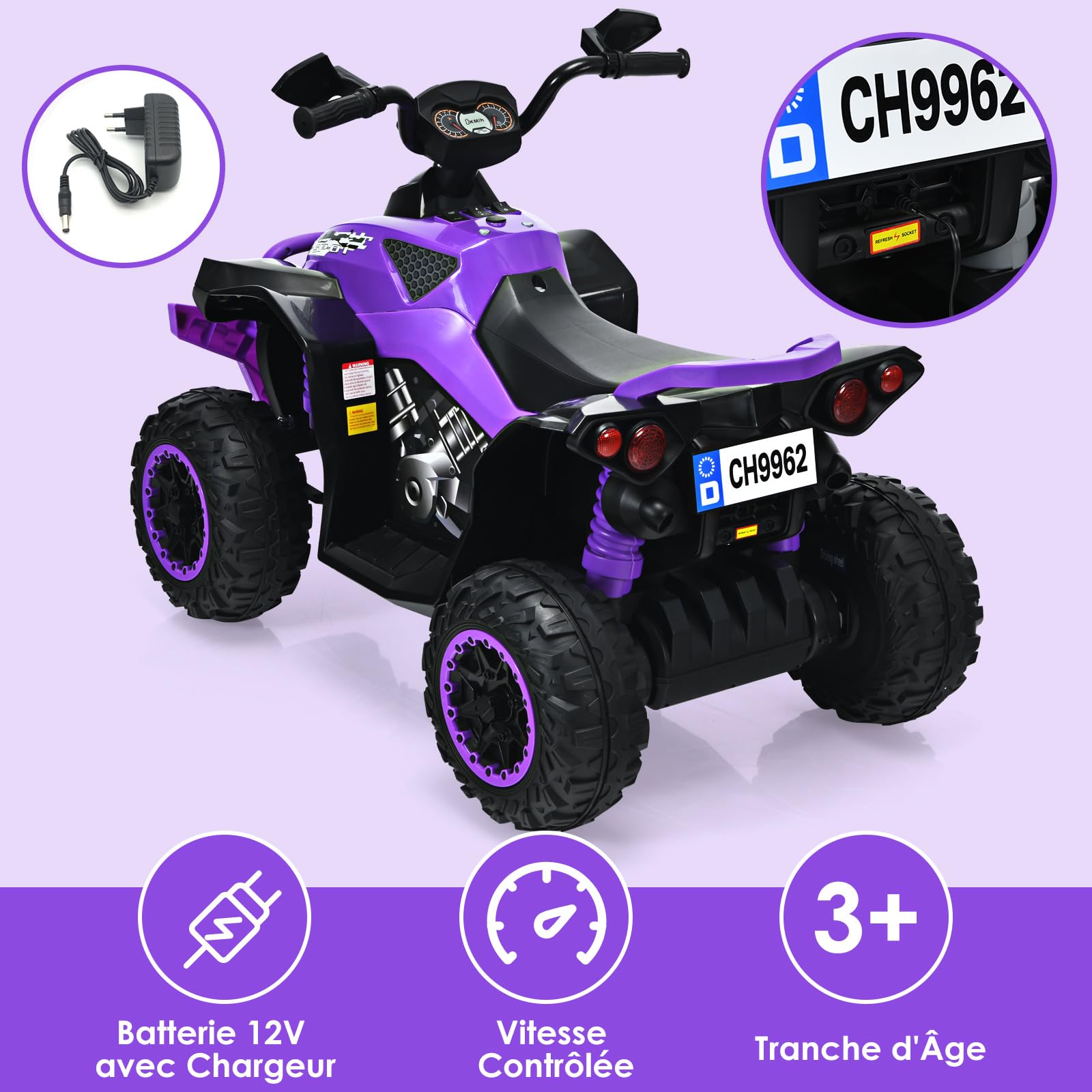 GOPLUS Quad 4x4 Électrique avec 2 Vitesses Réglables, Voiture Électrique Enfant 1 Place avec Lumières LED & Musique, pour Tout-Petit 3-8 Ans (Violet)