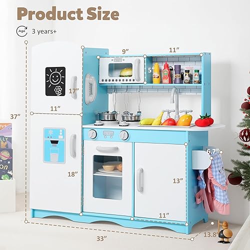 Miniatura 6 de Juego de cocina de madera para niños, modernos juegos de cocina de madera con estufa iluminada, horno, microondas y máquina de hielo, cocina de