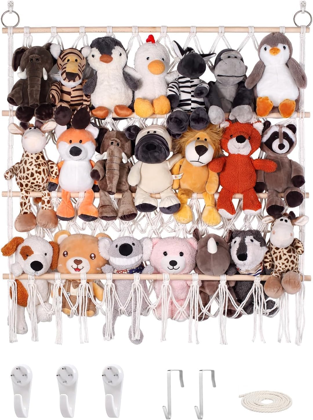 42cm Wide Over the Door Stuffed Animal Storage Hammock Corner Wall Hanging Storage Holder Boho Macrame Plush Toy Organizer Net for Stuffed Animal (Beige)