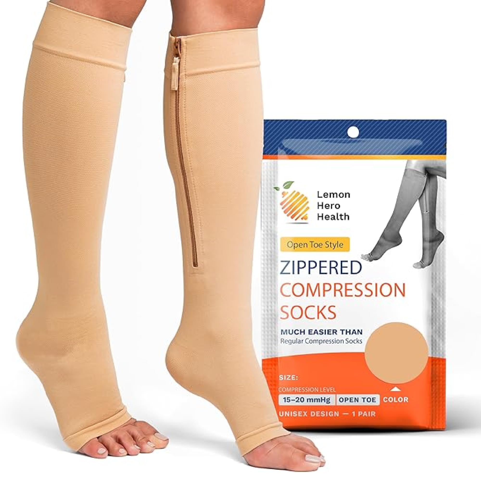 Lemon Hero Zipper Compression Socks 15-20 mmHg Open Toe, Medical Zip Up Compression Stockings for Women and Men - Improves Blood Circulation, Relieves