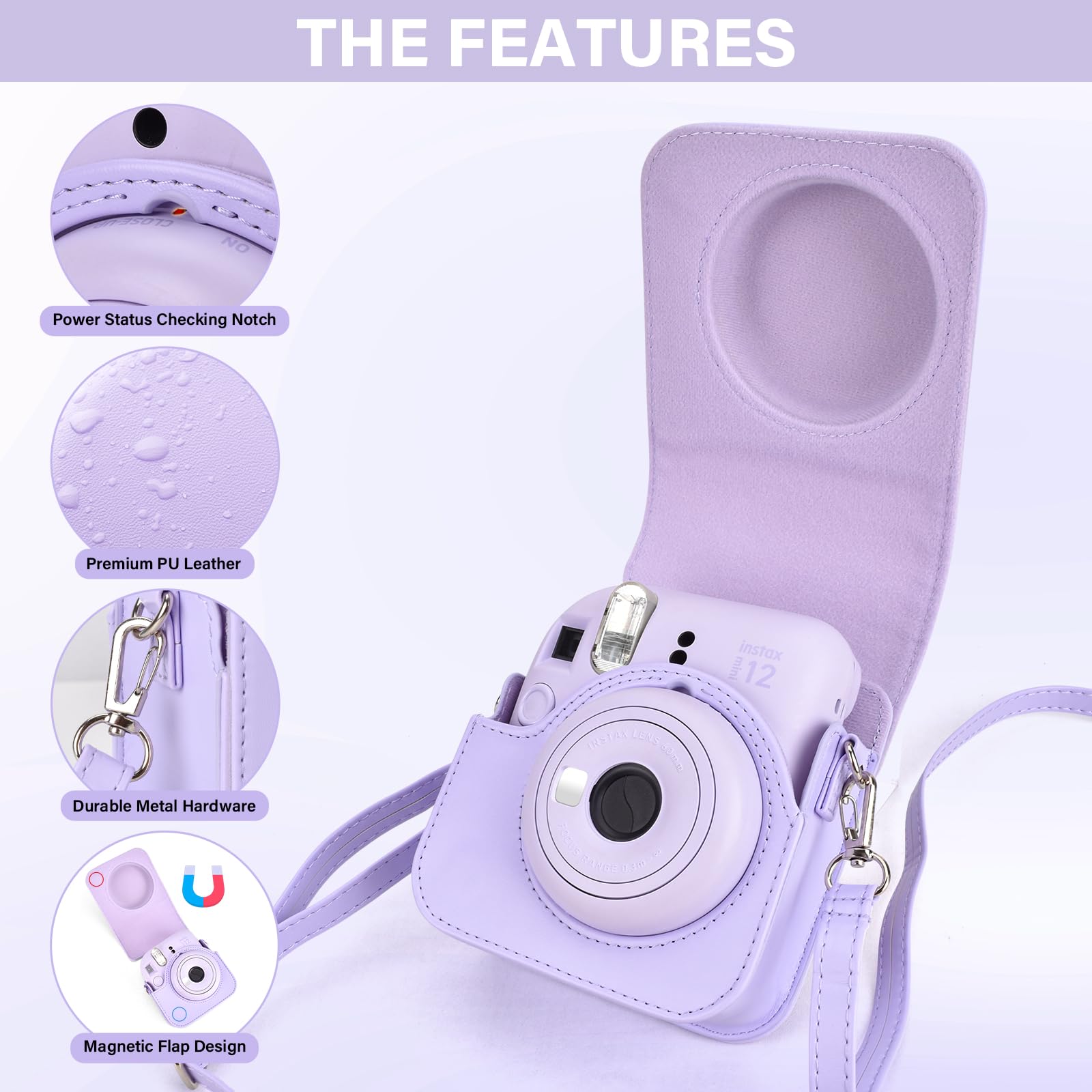 Estuche para cámara instantánea Compatible con Instax Mini 12, Bolsa de Cuero PU con Bolsillo, Correa Ajustable para el Hombro y Mini álbum de Fotos con 28 Bolsillos (Morada Puro)