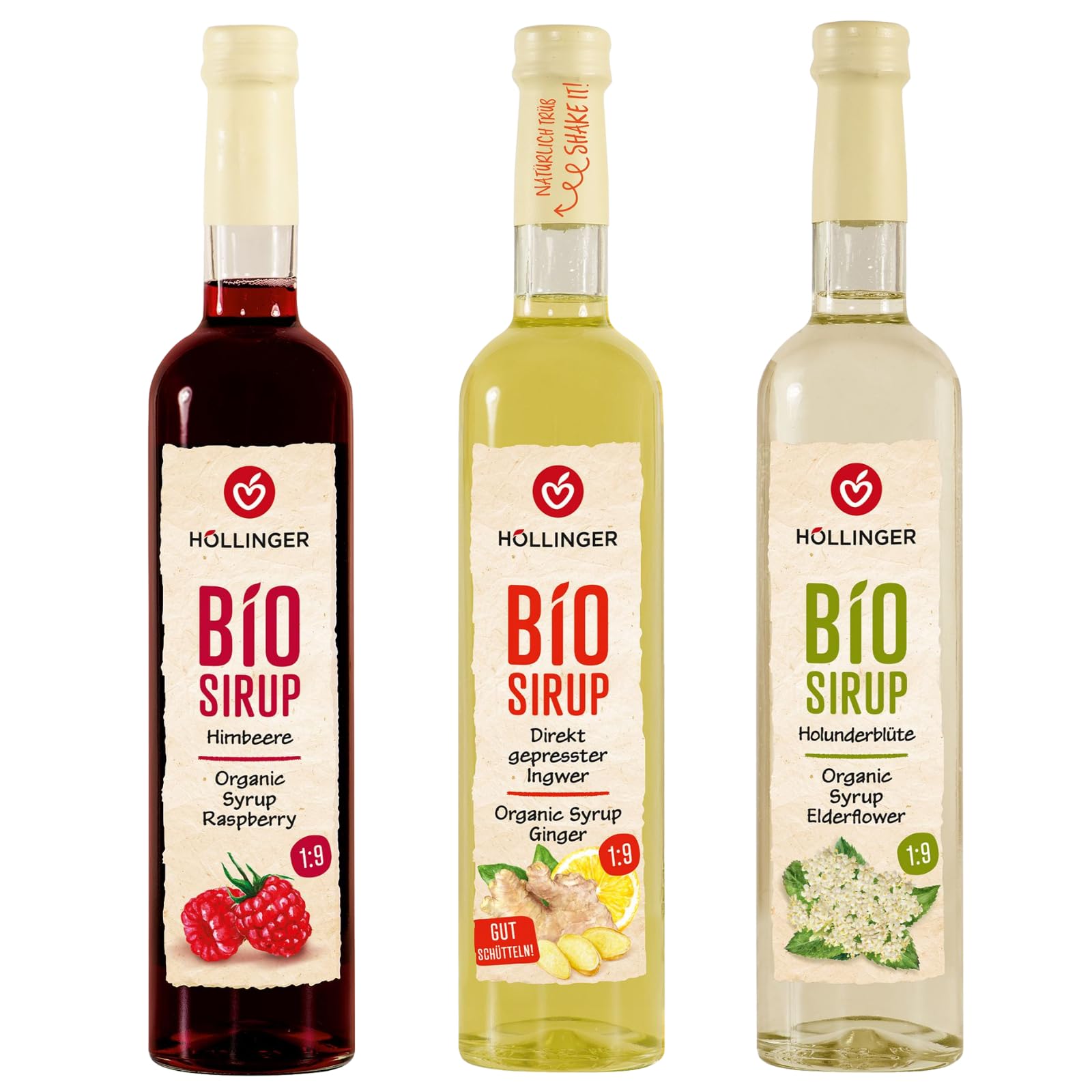 HÖLLINGER Bio Sirup Set, Himbeere, Ingwer und Holunderblüte, 3x500ml Flaschen, Alkoholfrei, Natürliche Zutaten, 1:9 Mischverhältnis