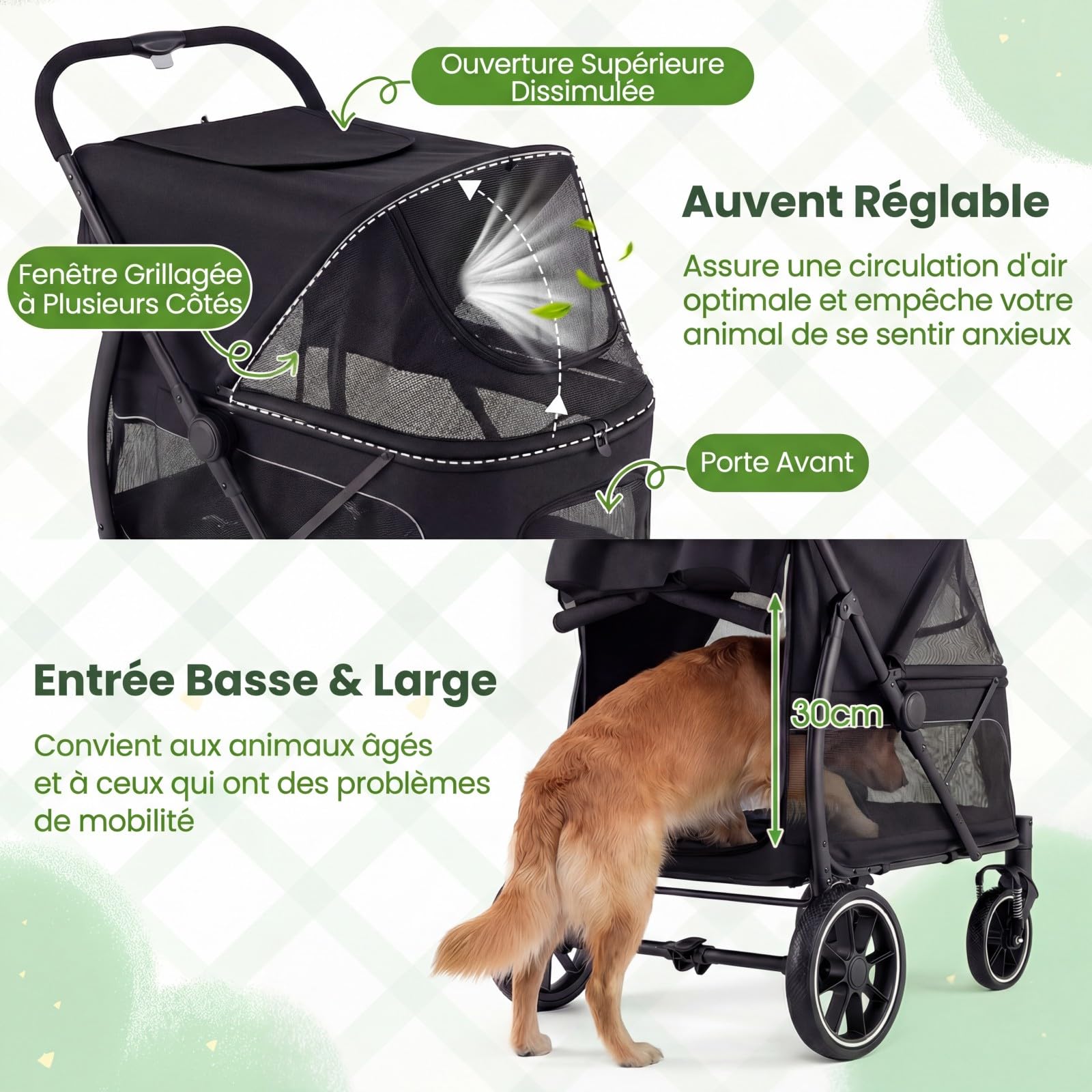 COSTWAY Poussette pour Chien Chat Pliable, Grand Entrée Basse, Auvent Réglable, Charge 40 kg, Chariot pour Chien Chat à 4 Roues, Poches de Rangement, Laisse de Sécurité, Coussin (Noir,Style 16)
