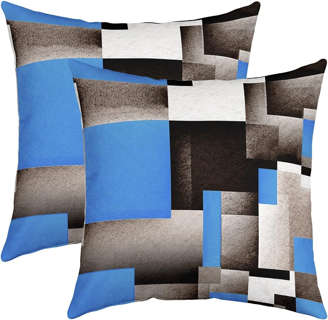 Feelyou Blue Grey Black Buffalo Check Reversible Outdoor Throw Pillow Covers 18 x 18-Inch Kids Geometric Pillow Covers Home Decor for Geometry Square Cushion Covers Set of 2 Plaid Modern Abs