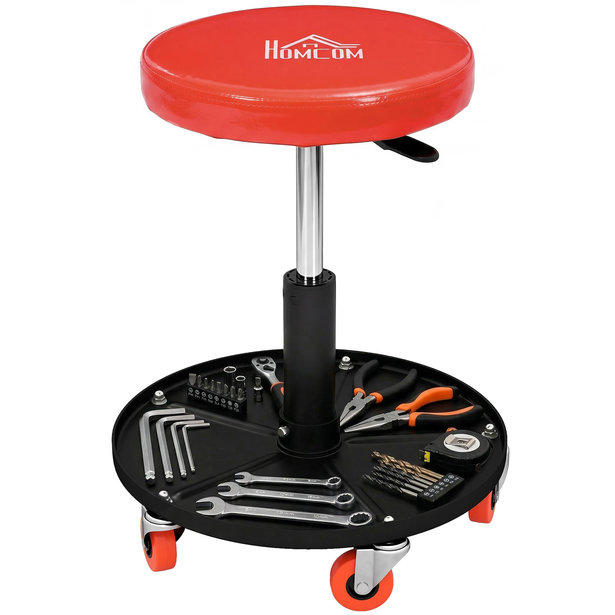 HOMCOM Rolling Mechanic Stool, Workshop Stool with Pneumatic Adjustable Height, 360 Degree Swivel, Padded Seat, Tool Tray, for Garage, Workshop, Auto Repair, Orange