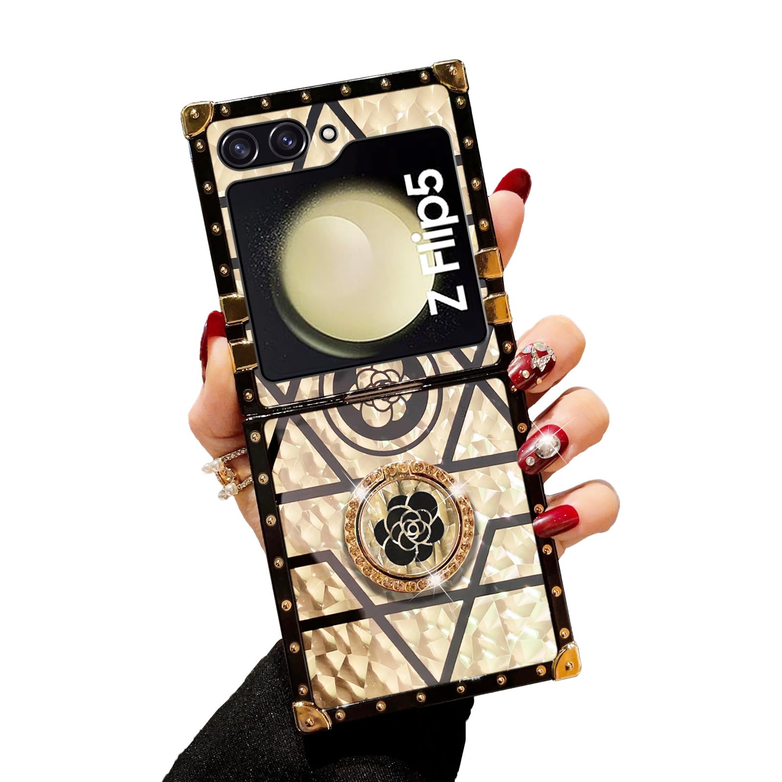 KuDiNi for Samsung Galaxy Z Flip 5 Case, Z Flip 5 5G Case for Women Square Case Shockproof TPU Retro Elegant Classic Luxury Edge Full Protection with Kickstand for Galaxy Z Flip 5 6.7” (Gold flower)