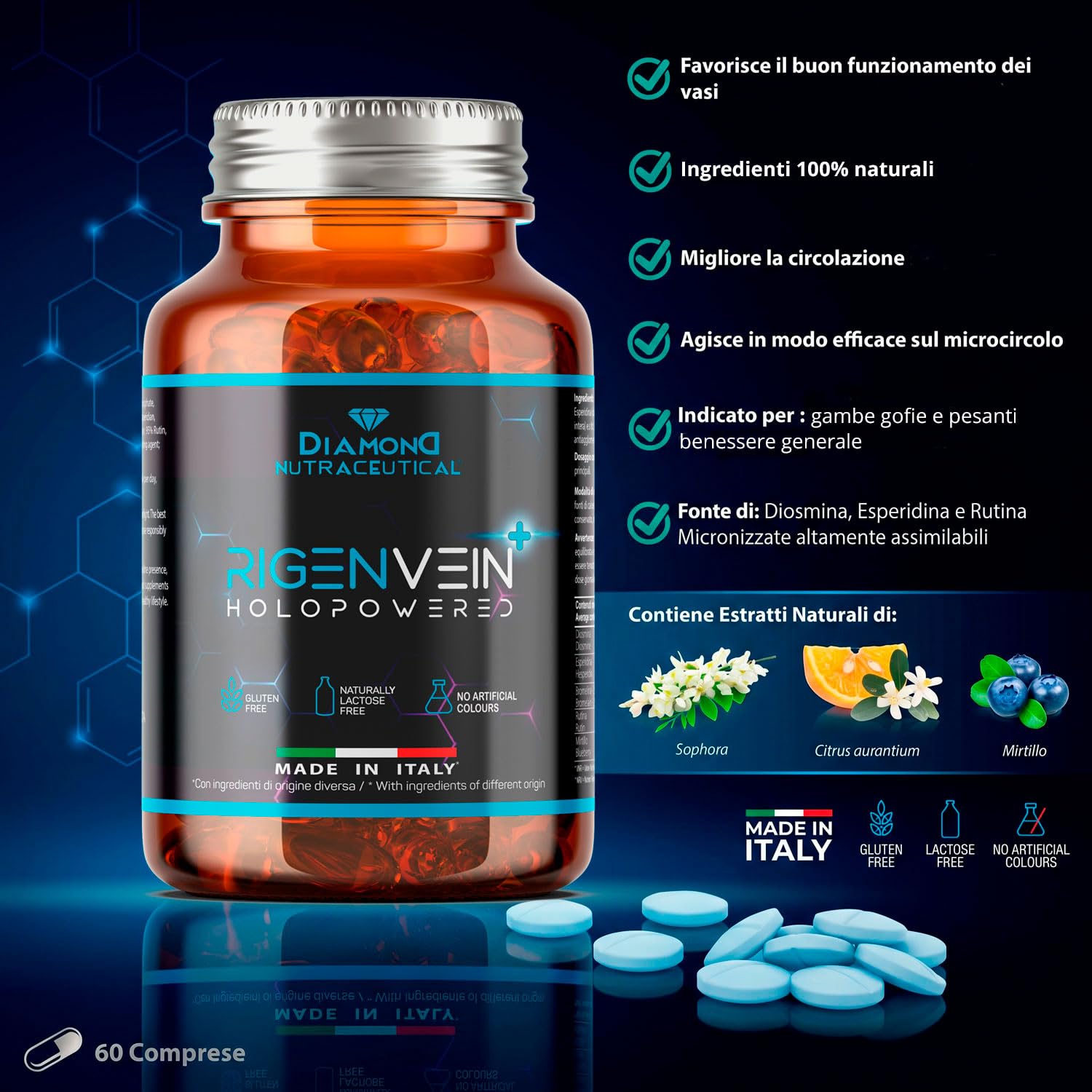 RIGEN-VEIN PLUS Integratore Nutraceutico Potenziato con Diosmina, Bromelina, Esperidina e Mirtillo per Gambe Gonfie, Capillari e Microcircolo - 60 Compresse
