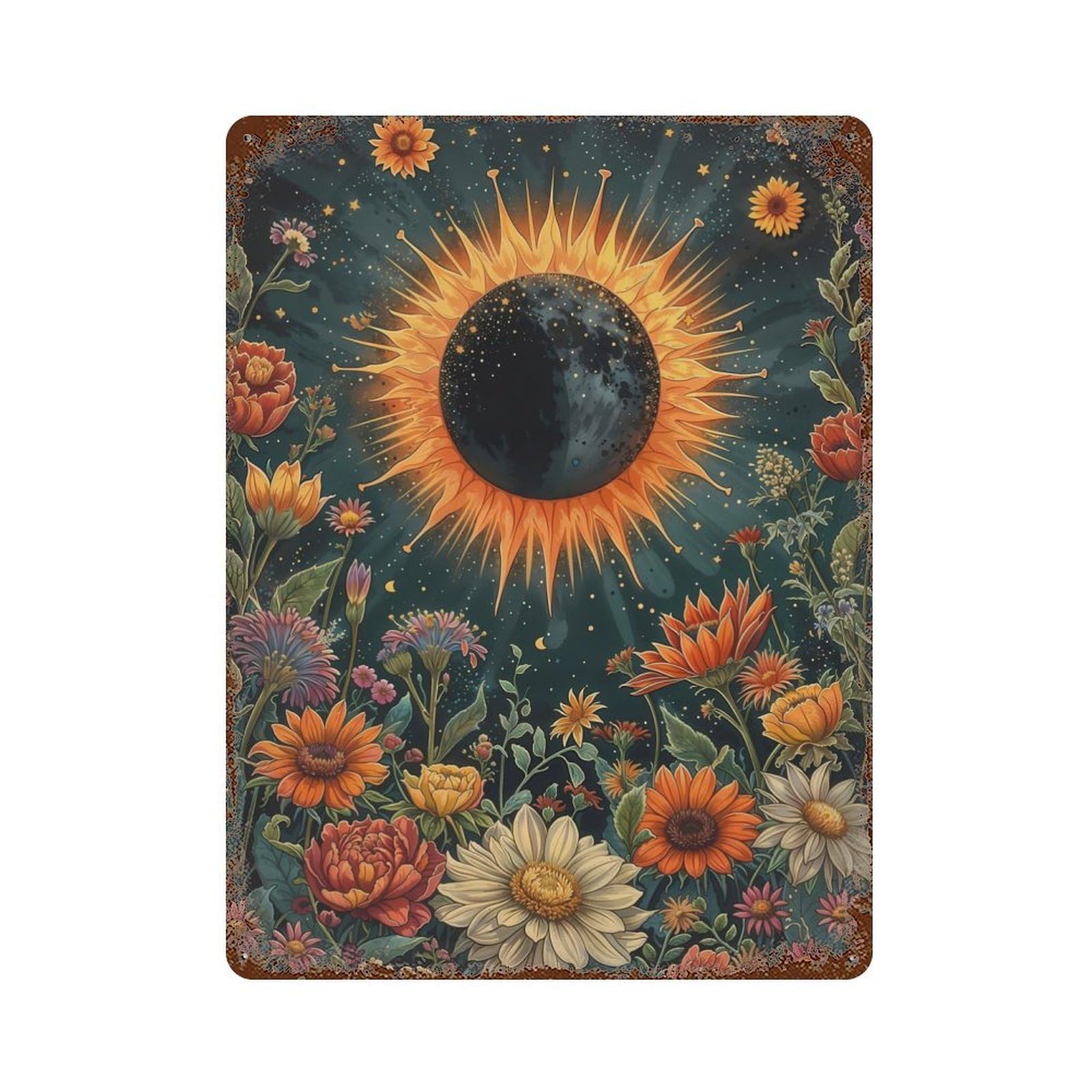 Full Solar Eclipse Blossom Rust Effect Tin Sign 15.7"x11.8", Novelty Wall Decor for Garage, Pub Or Kitchen