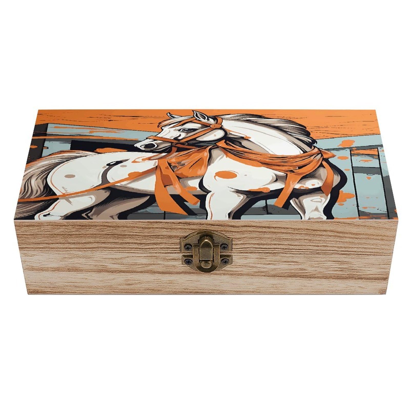 Btcowzrv Style A Cartoon Horse Wooden Storage Box, Keepsake Box With Hinged And Retro Lock, Wood Jewelry Organizer For Photos & Mementos And Home Decor
