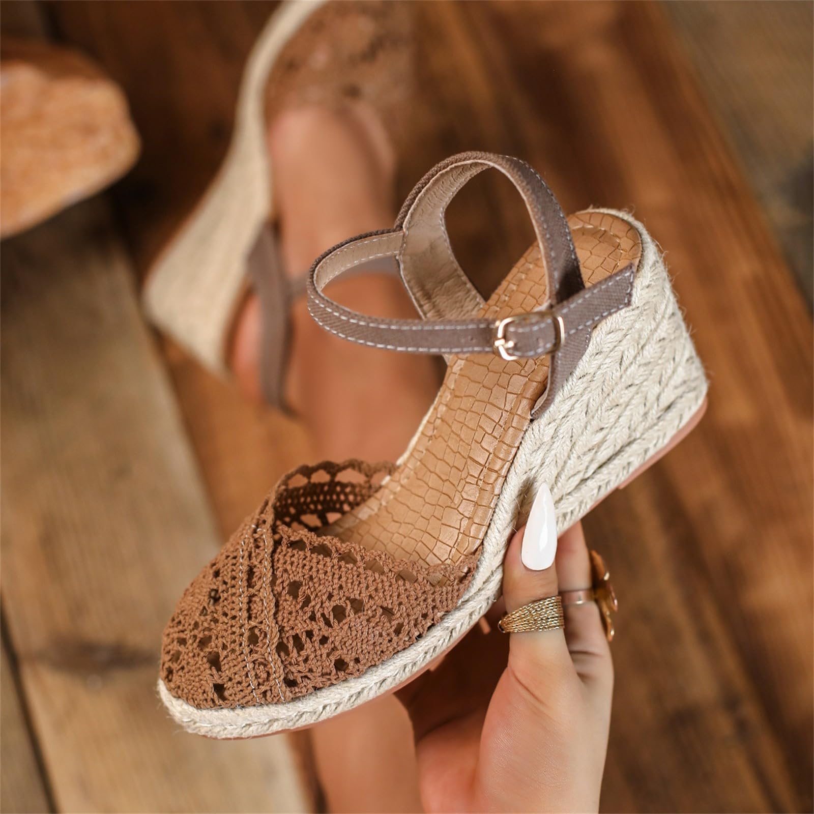 Sandalias De Alpargatas Bordadas Para Mujer, Con Y Tiras Al Tobillo, Punta Cerrada, Zapatos Verano Marca Mujer (Brown, 39) Cuñas Beige Cuña Andar Yute Negras Esparto