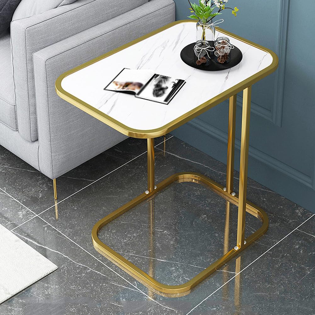 SXZenSpace C Shaped Couch Side Table with Metal Frame, 2-Tier Storage Tv Tray Table,Small Snack End for Living Room,Bedroom,Gold frame white,A
