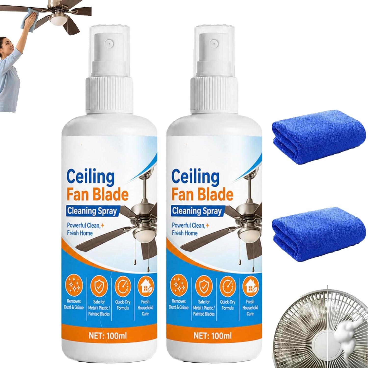 Ceiling Fan Blade Cleaning Spray, No-Rinse Fan Cleaner for Home (2 Pack)