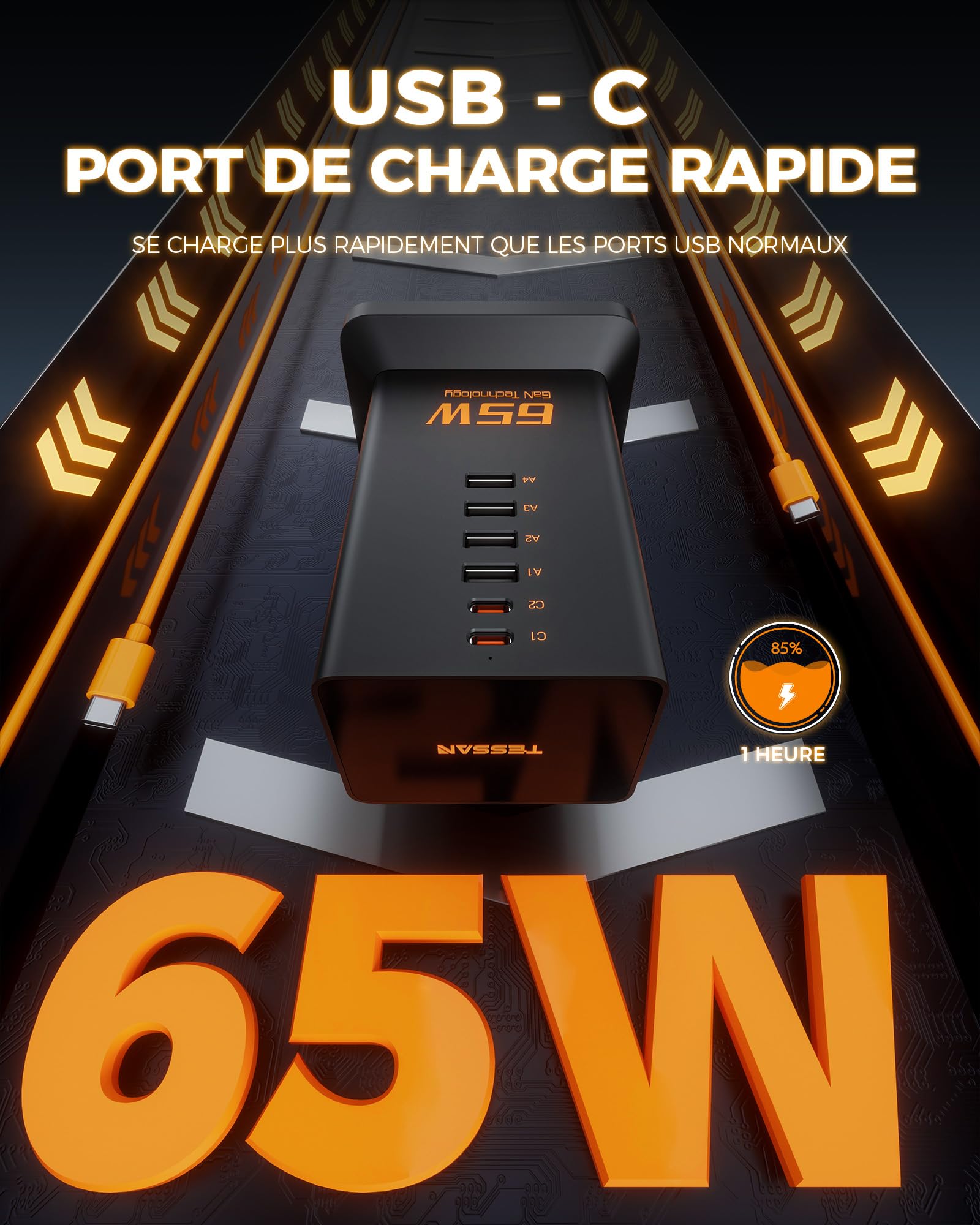 TESSAN Bloc Chargeur USB C Multiple, PD 65W Chargeur Rapide GaN avec 6 Ports (4 A et 2 C) et 2 Prises, Prise USB Secteur, Station de Charge avec câble 2m pour Le Bureau et Les Voyages